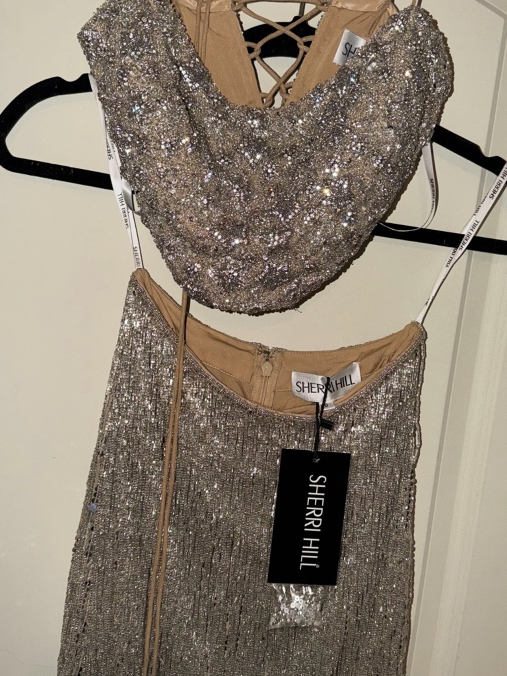 Sherri Hill Silver Nude Beaded Two-Piece Prom Party Dress Stars and Fringe NWT